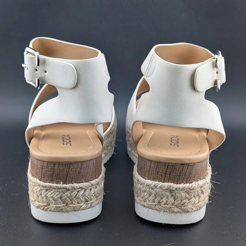 Womens Size 7.5 Soda "Topic" Espadrille Ankle Strap Platform Sandal Off-White SoleComfort.shoes