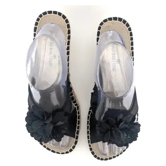 Montego Bay Club Black Fabric Flower Espadrille Wedge Sandal US size 8M - SoleComfort.shoes