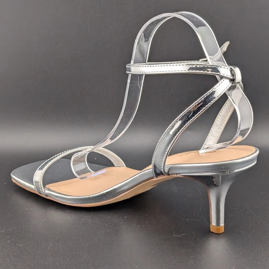 Women Size 10 Silver Comfort Thong Sandals w/Ankle Wrap Strap Square Toe 3" Heel SoleComfort.shoes