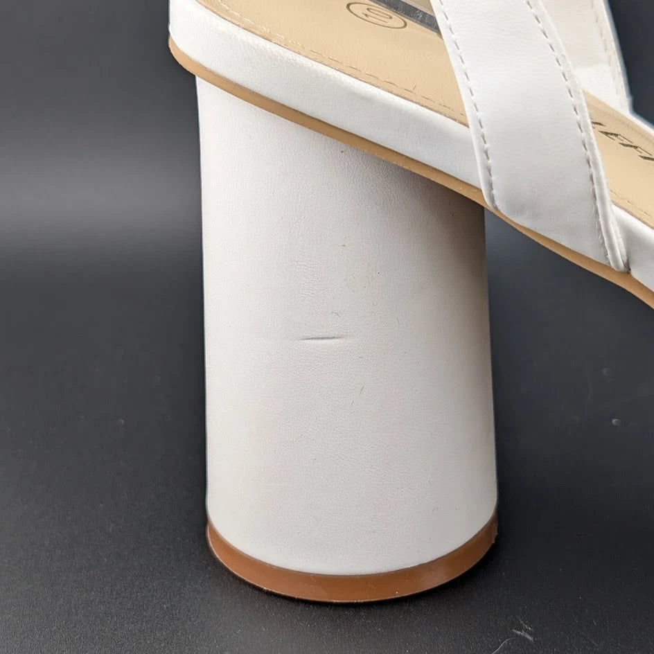 Women Size 10 White Comfort Sandals w/Ankle Wrap Strap Square Toe 4" Round Heel Athlefit