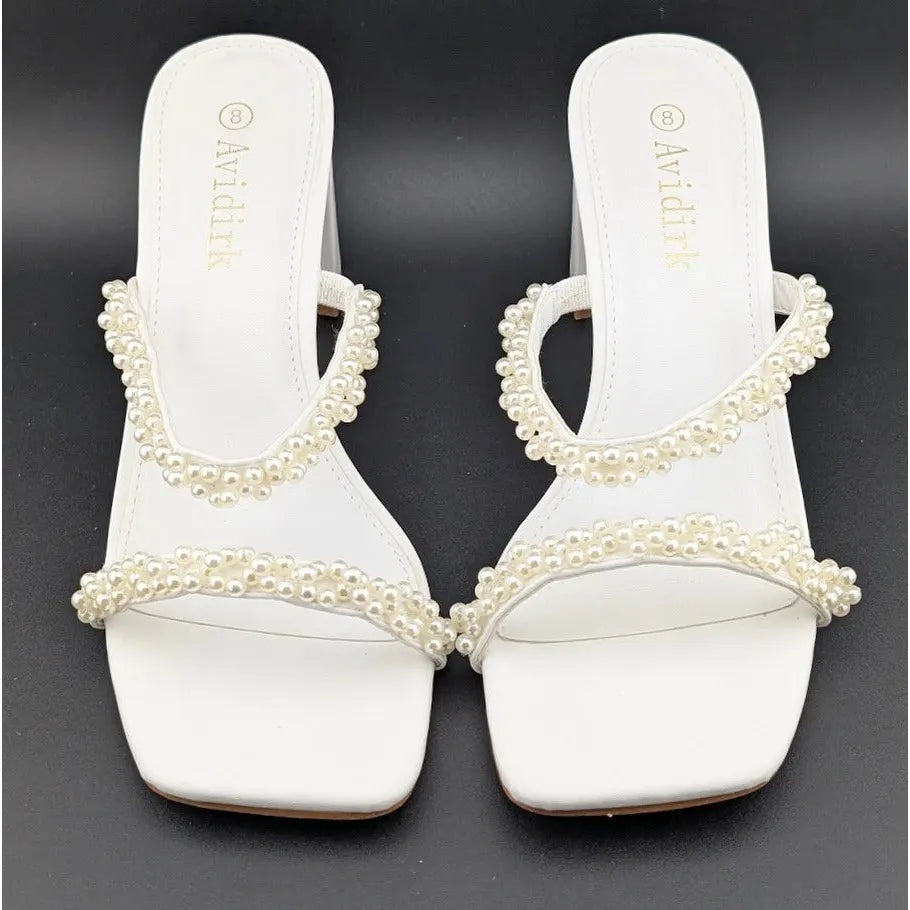 Womens Sz 8 Pearl Sandals Low Square Open Toe Block Chunky Heels Slip On Slides Avidirk