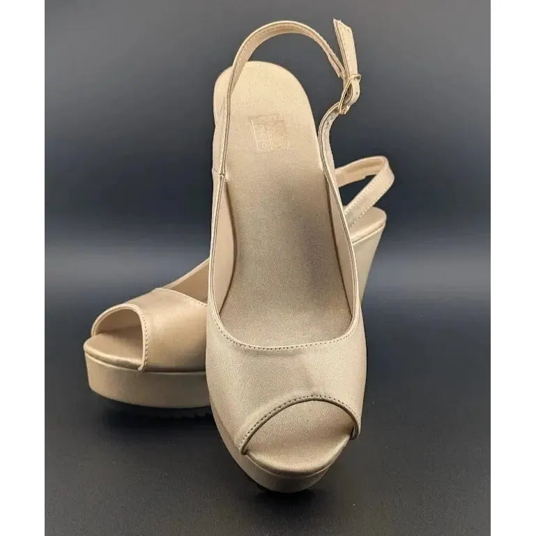 Gold Peep Toe, Slingback, 4-inch Wedge, Women's Platform Dress Shoe - Size 8-8.5 Unbranded