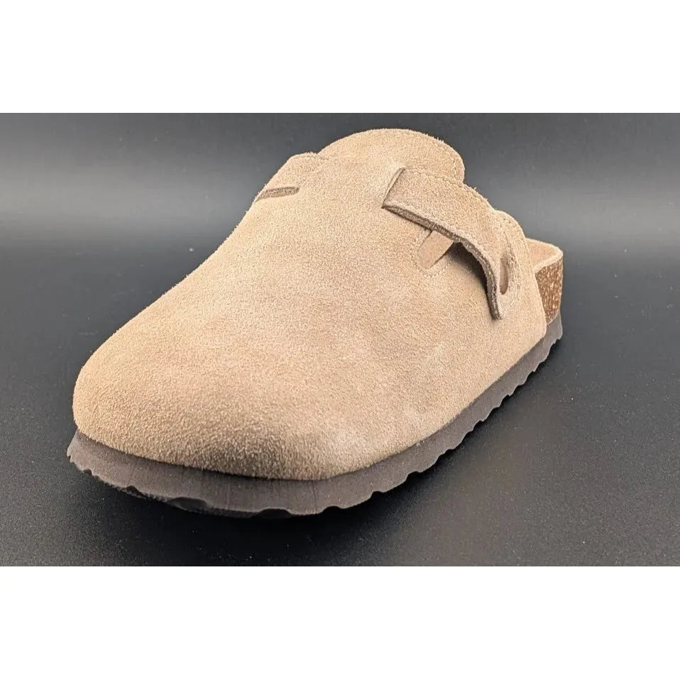 KIDMI Women's EU39 (US 8-8.5) Suede Clogs w/ Back Strap Leather Mules Cork Footbed Slip on SoleComfort.shoes