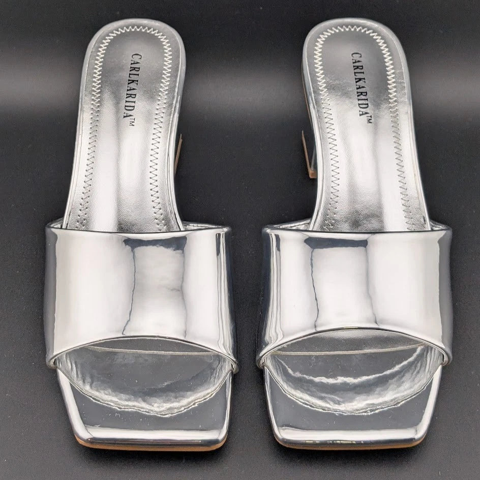 Carl Karida Size 7.5 Women's Silver Metallic Slip On Chunky Heeled Mules Luxury SoleComfort.shoes
