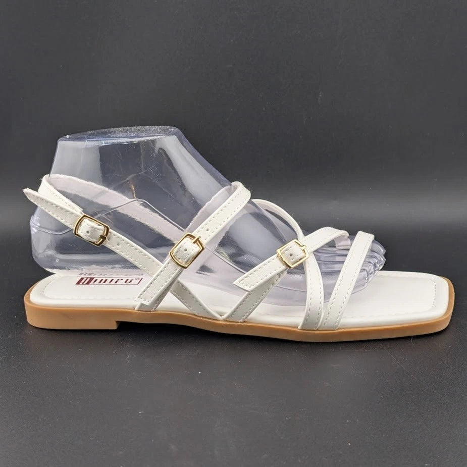 Women's Size 8 Square Toe Strappy Ankle Buckle Flat Sandals White SoleComfort.shoes