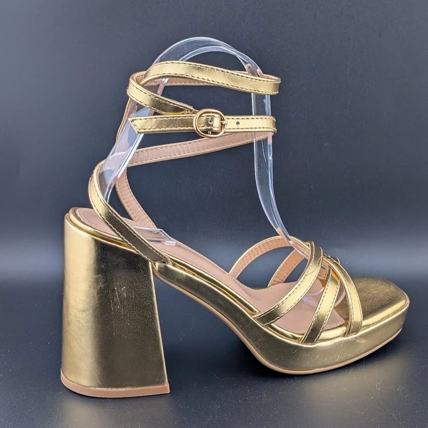 Gufobela Women's Size 7 Gold Hi Strappy Platform 4" Chunky Heel Open Toe Sandals Unbranded