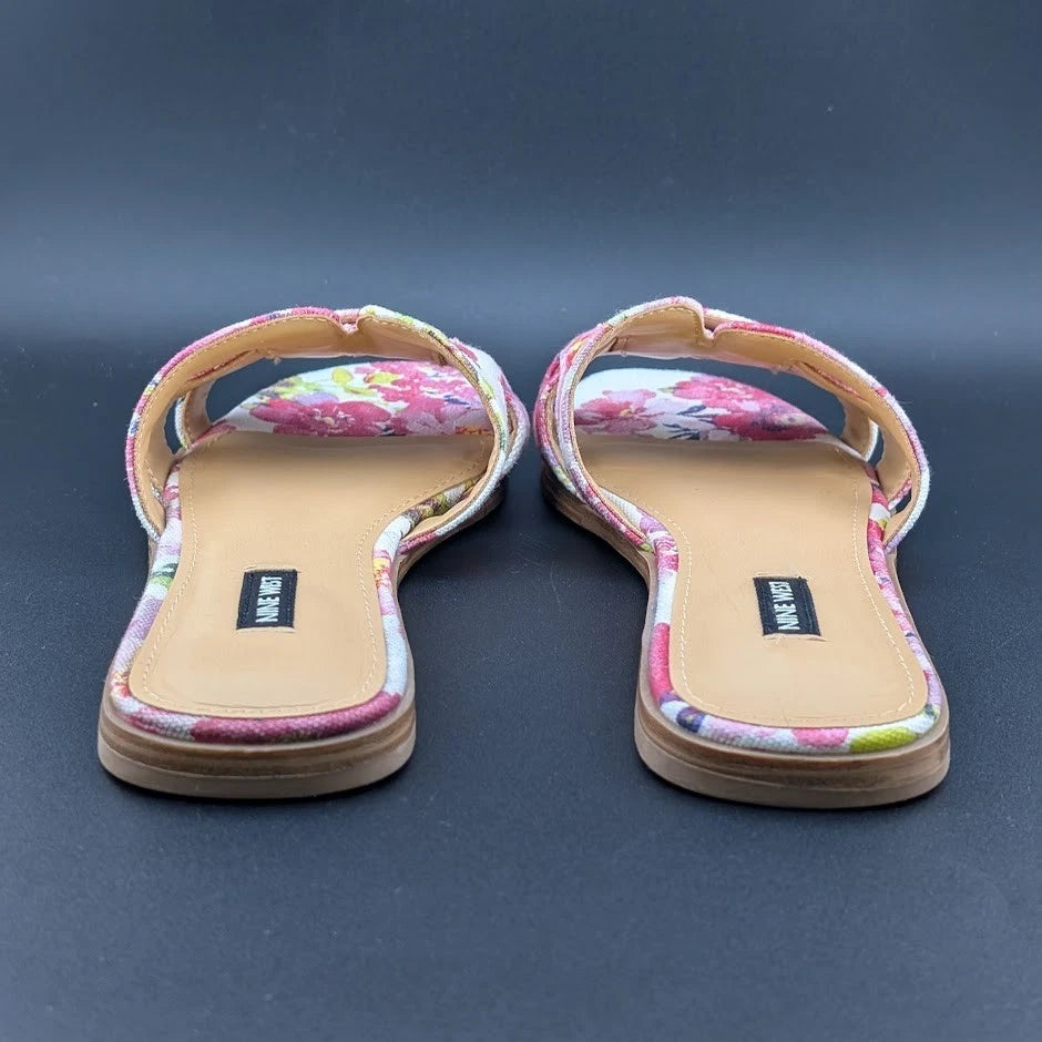 Nine West Size 9 Germani Light Natural Flat Slide Sandals Floral SoleComfort.shoes
