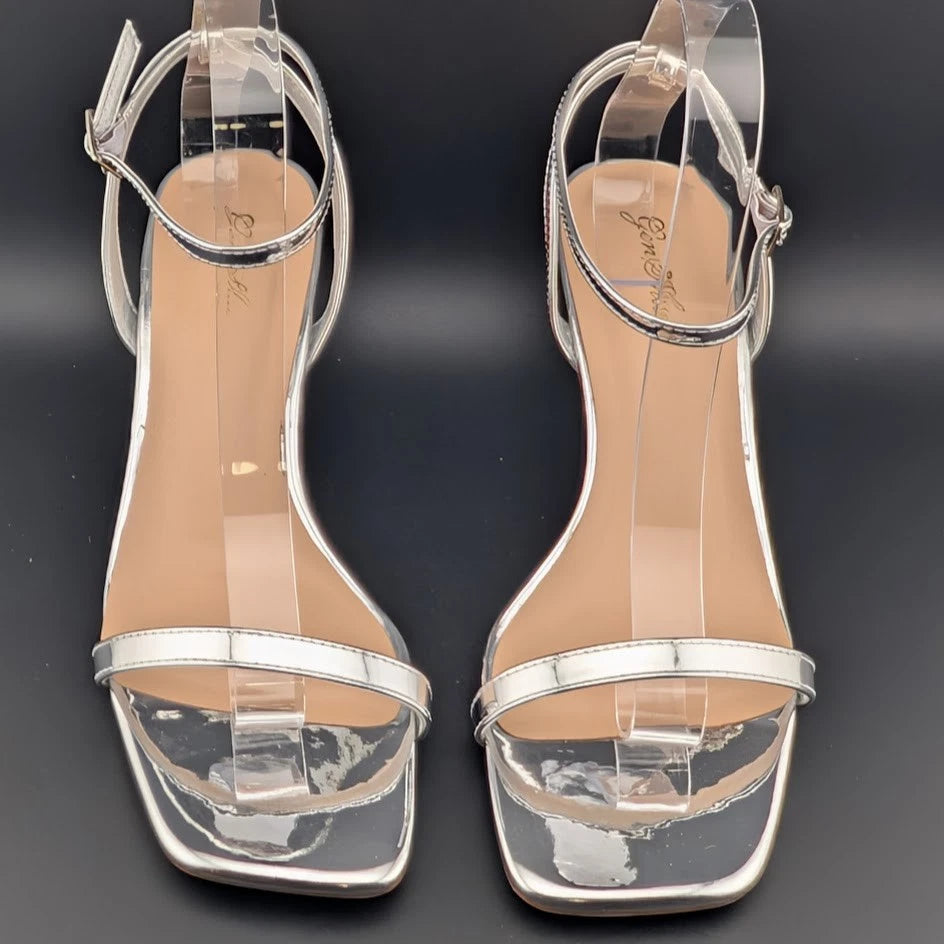 Women Size 10 Silver Comfort Thong Sandals w/Ankle Wrap Strap Square Toe 3" Heel SoleComfort.shoes