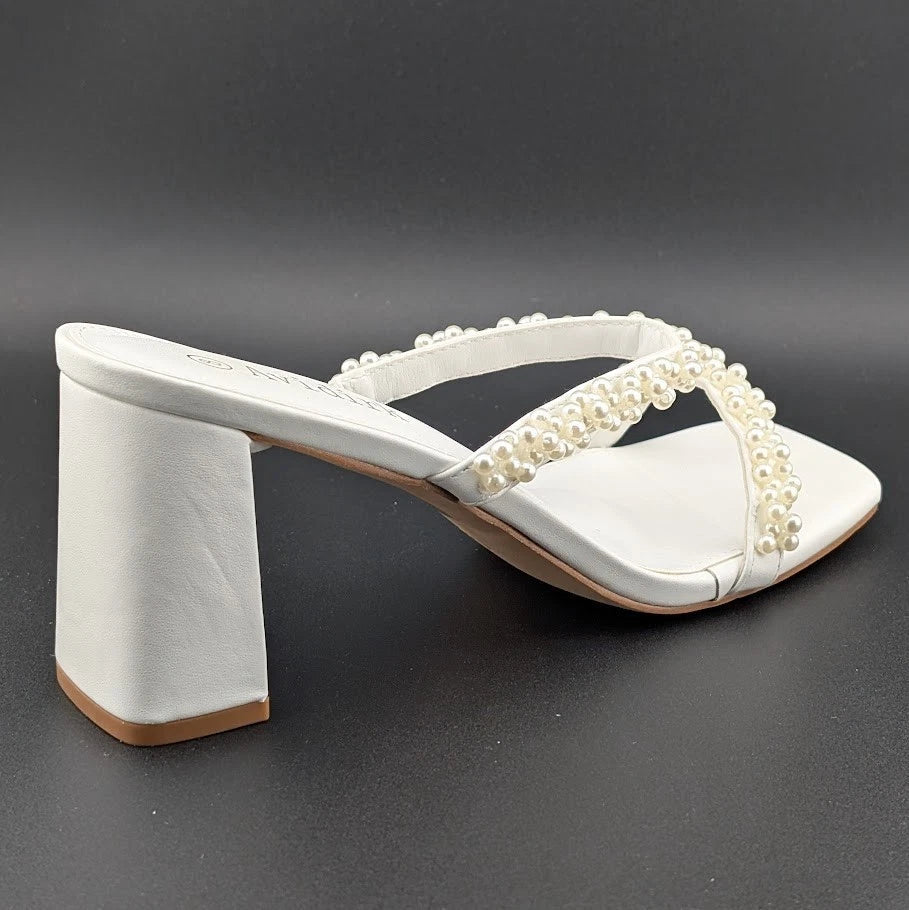 Womens Sz 8 Pearl Sandals Low Square Open Toe Block Chunky Heels Slip On Slides Avidirk
