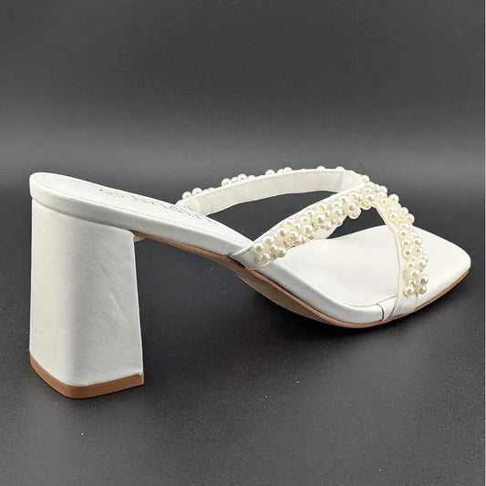 Womens Sz 8 Pearl Sandals Low Square Open Toe Block Chunky Heels Slip On Slides Avidirk