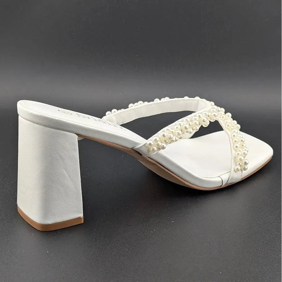 Womens Sz 8 Pearl Sandals Low Square Open Toe Block Chunky Heels Slip On Slides Avidirk