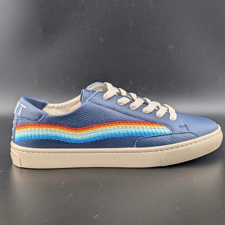 NWB Womens Size 6.5* Soludos Ibiza Blue Leather Embroidered Rainbow Wave Sneaker SoleComfort.shoes