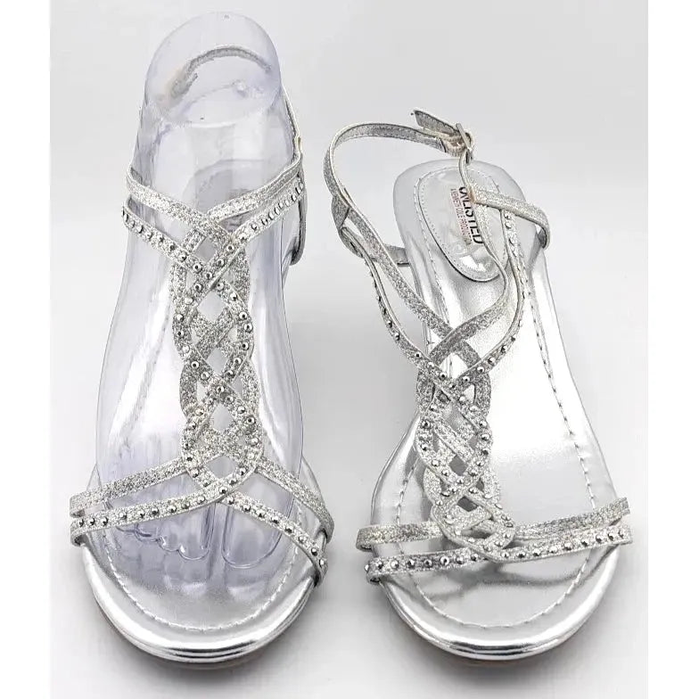 Women’s 8.5M Unlisted Silver Glitter Rhinestone Strappy Sandals With Kitten Heel Kenneth Cole Productions - SoleComfort.shoes