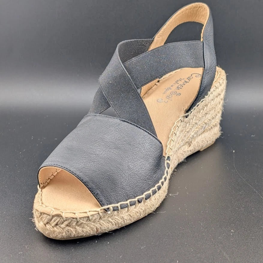 Women Size 9.5-10 (EU 40) Leather Espadrille Wedge Sandal Crossed Strap Peep Toe Made: Spain SoleComfort.shoes