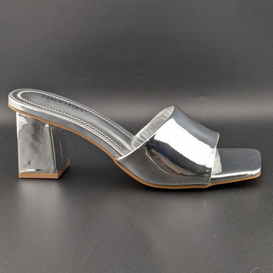 Carl Karida Size 7.5 Women's Silver Metallic Slip On Chunky Heeled Mules Luxury SoleComfort.shoes
