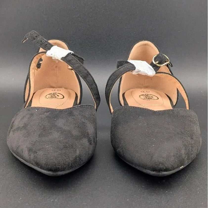 Womens Size 6.5 D'Orsay Dress Flat Ankle Strap and Low Pancake Heel Black Nubuck Trary