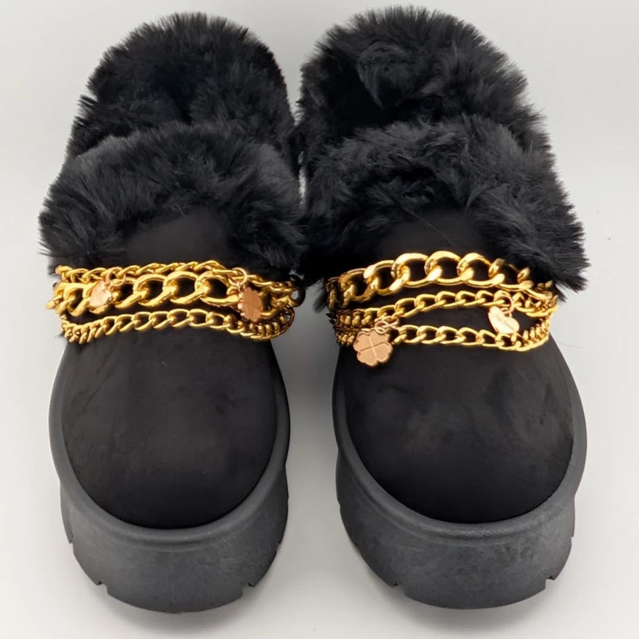 Carlkarida Size 7 Black Faux Fur Textile Suede Booties w/ Charm Bracelet JW2006 SoleComfort.shoes