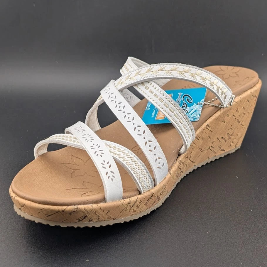 Skechers Cali Size US 11 Luxe Foam Tan White Cork Wedge Heel Sandals 31714/WHT SoleComfort.shoes