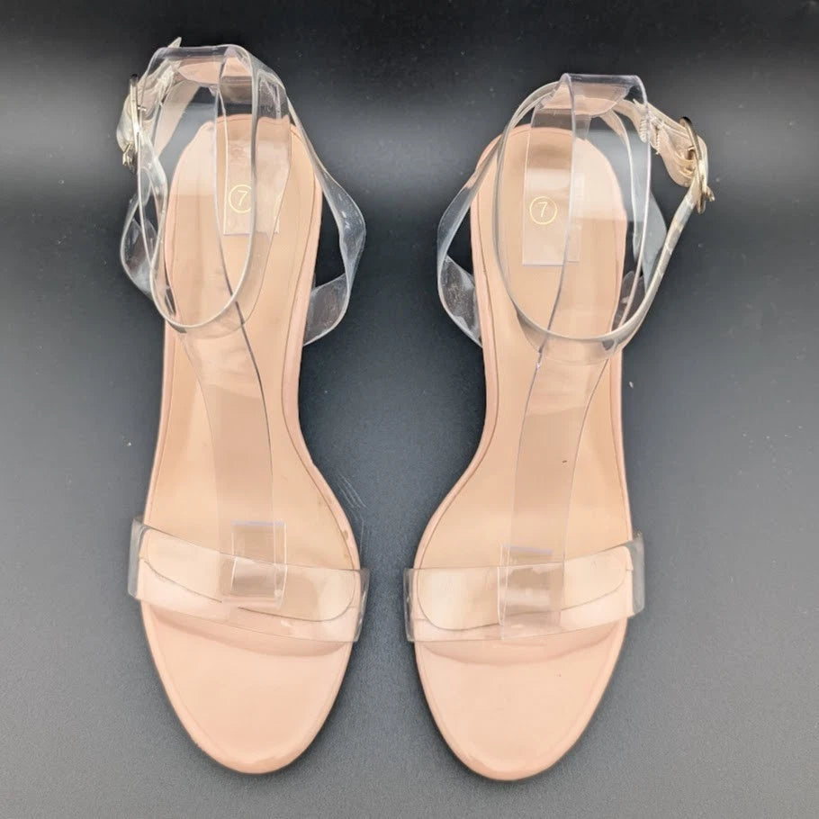 Women's Size 7 Clear Heeled Sandals Ankle Strap Block Chunky Heel Open Toe SoleComfort.shoes