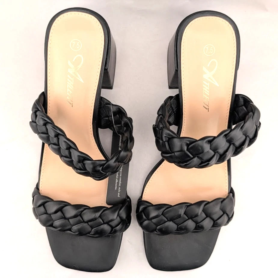 Women's Sz 7.5 Braided Heeled Sandals Strappy Square Toe Backless Mules Slip On SoleComfort.shoes