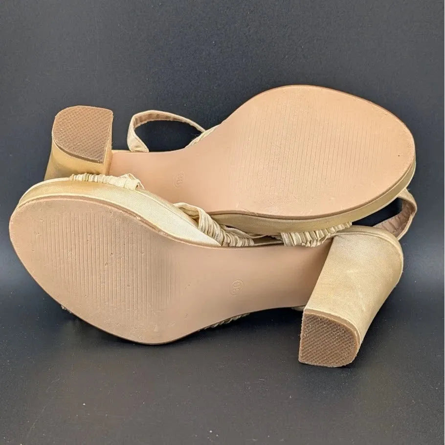 Womens Sz 36 Satin Bow Sandals Chunky Block Heel Open-Toe Platform Dress or Casual Amoji