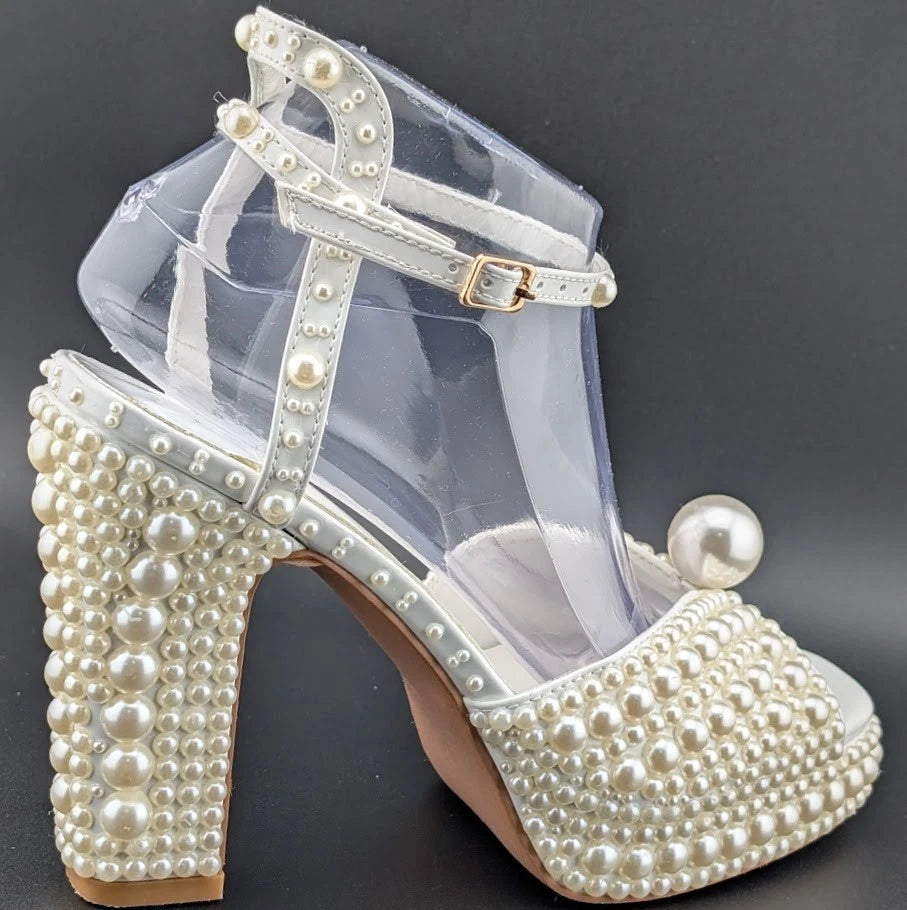 Womens EU 40 Open Toe Pearl Platform Heels Chunky Buckle Ankle (US 9-9.5) SoleComfort.shoes
