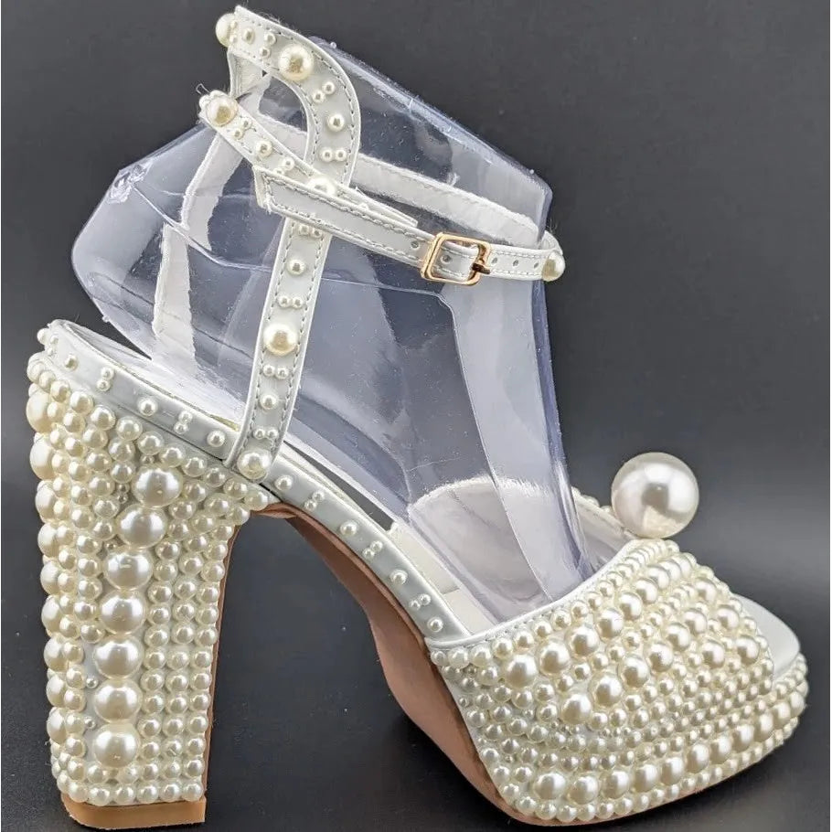 Womens EU 40 Open Toe Pearl Platform Heels Chunky Buckle Ankle (US 9-9.5) SoleComfort.shoes