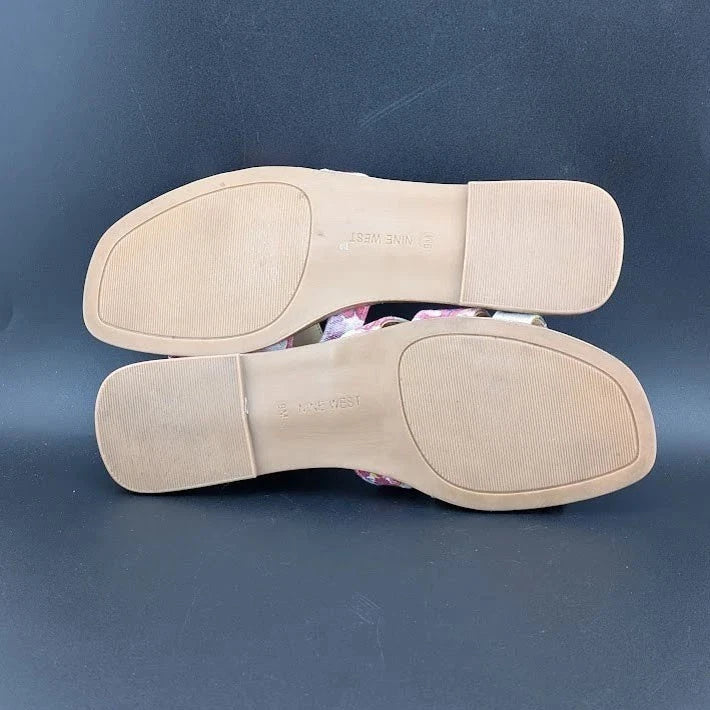 Nine West Size 9 Germani Light Natural Flat Slide Sandals Floral SoleComfort.shoes