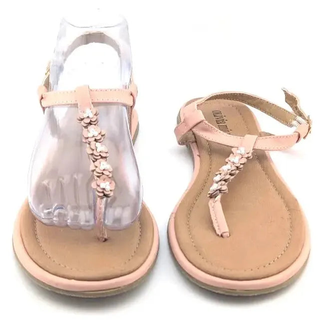 Womens Petit Floral Strap Thong Sandals Size 7M Pink Faux Leather Flat Shoes - SoleComfort.shoes