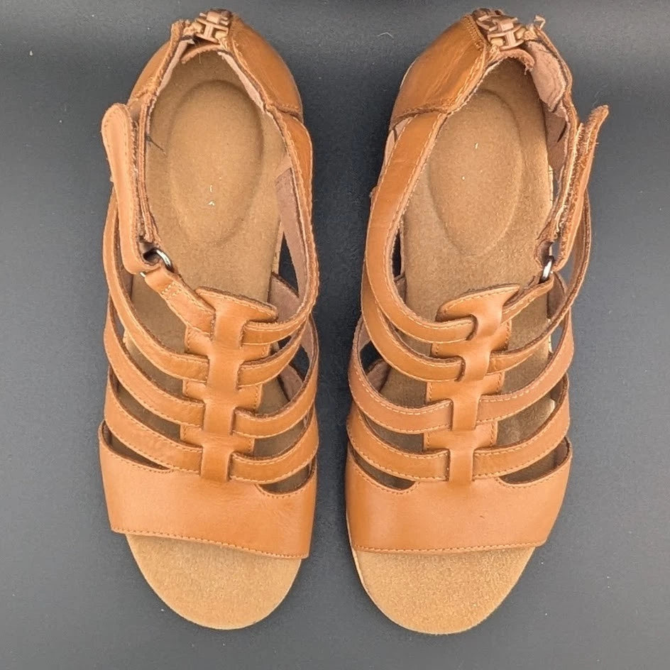 Rockport Briah Gladiator Wedge Sandal Women 6.5 Tan Leather Strap BX1984 EUC SoleComfort.shoes