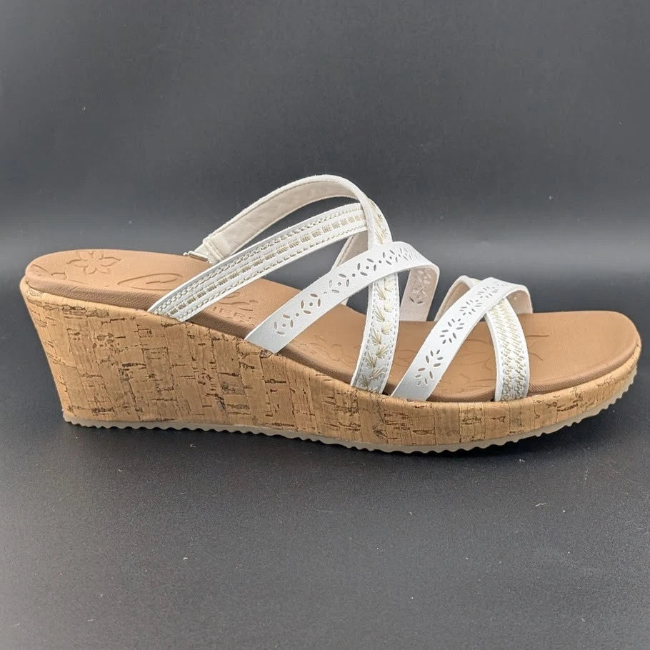 Skechers Cali Size US 11 Luxe Foam Tan White Cork Wedge Heel Sandals 31714/WHT SoleComfort.shoes