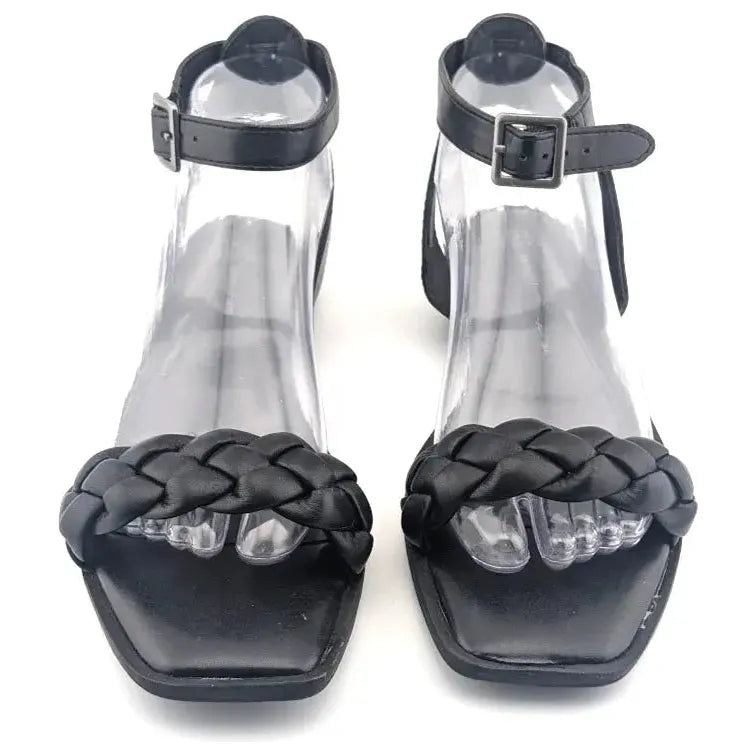 Time And Tru Womens Black Open Toe Braided Ankle Strap Square Toe Sandals Size 8 - SoleComfort.shoes