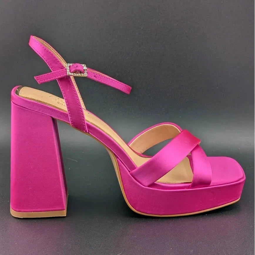 NEW | Jewel Badgley Mischka Sz 8 Rainbow Chunky Platforms Pink Satin JW4628 SoleComfort.shoes
