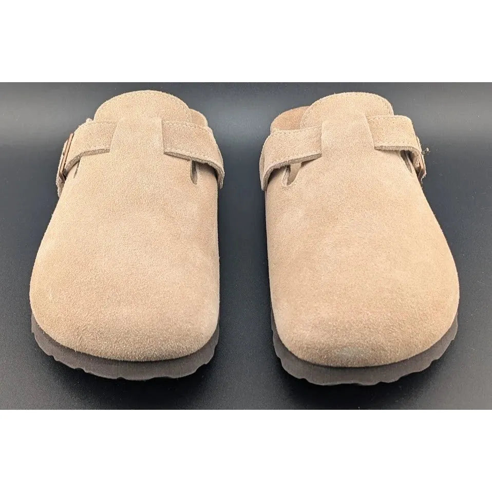 KIDMI Women's EU39 (US 8-8.5) Suede Clogs w/ Back Strap Leather Mules Cork Footbed Slip on SoleComfort.shoes
