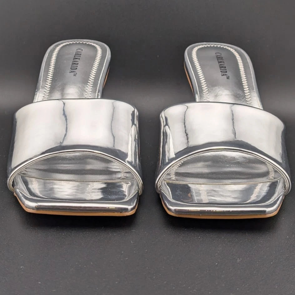 Carl Karida Size 7.5 Women's Silver Metallic Slip On Chunky Heeled Mules Luxury SoleComfort.shoes