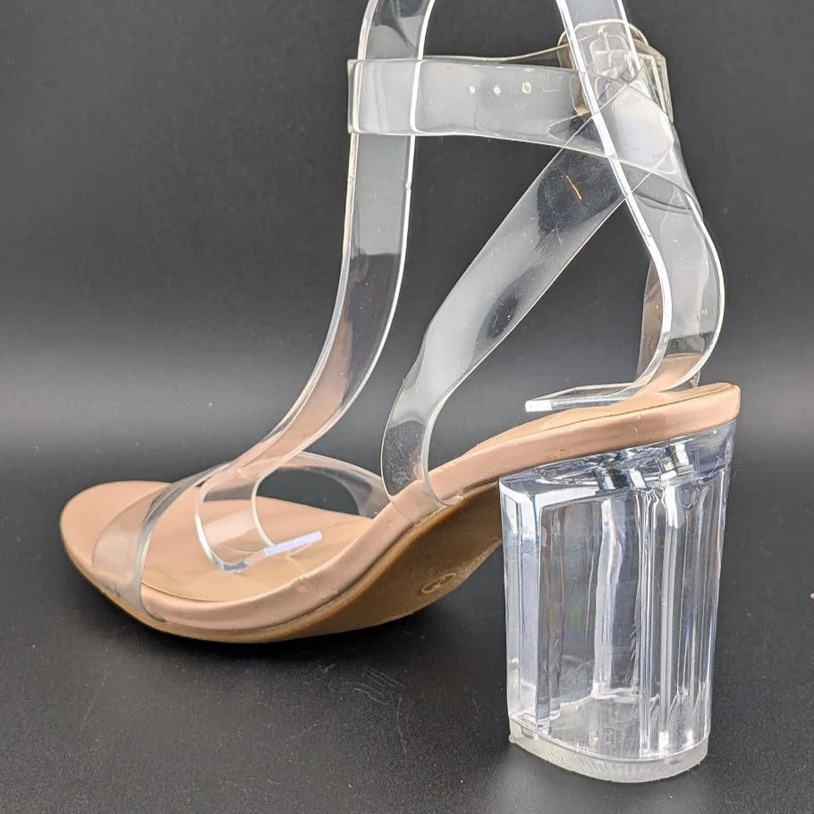 Women's Size 7 Clear Heeled Sandals Ankle Strap Block Chunky Heel Open Toe SoleComfort.shoes