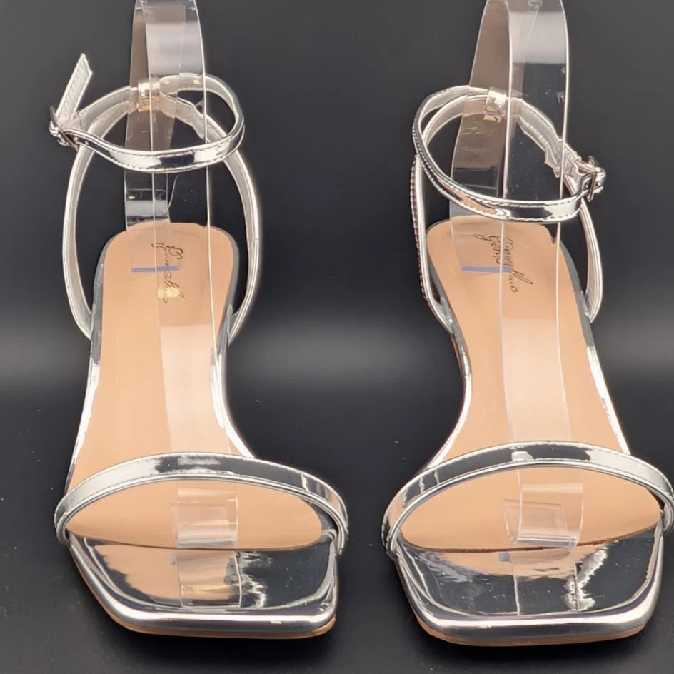 Women Size 10 Silver Comfort Thong Sandals w/Ankle Wrap Strap Square Toe 3" Heel SoleComfort.shoes