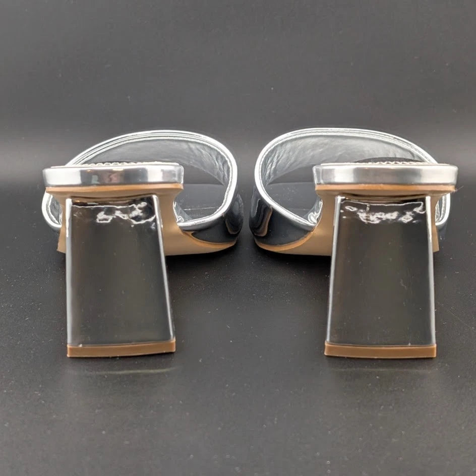 Carl Karida Size 7.5 Women's Silver Metallic Slip On Chunky Heeled Mules Luxury SoleComfort.shoes