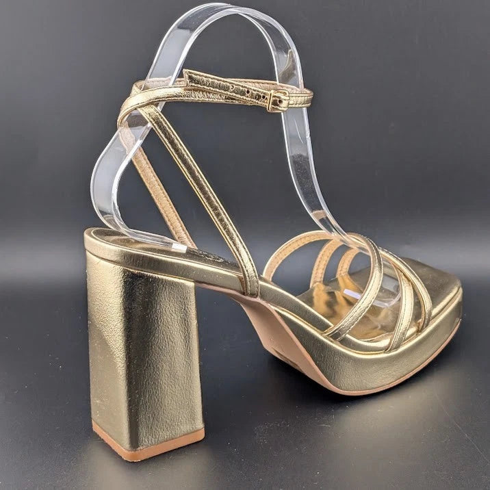 Trary Women's Size 8 Gold Strappy Platform 4" Chunky Heel Open Toe Sandals SoleComfort.shoes
