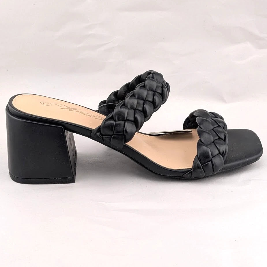 Women's Sz 7.5 Braided Heeled Sandals Strappy Square Toe Backless Mules Slip On SoleComfort.shoes