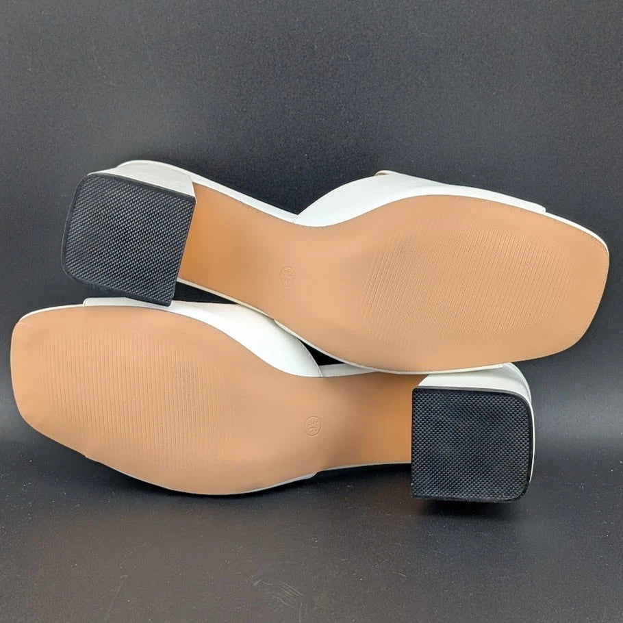 Coutgo Women's Size 9.5 Square Open Toe Chunky Heel Sandals Slip-On Slides Chain SoleComfort.shoes