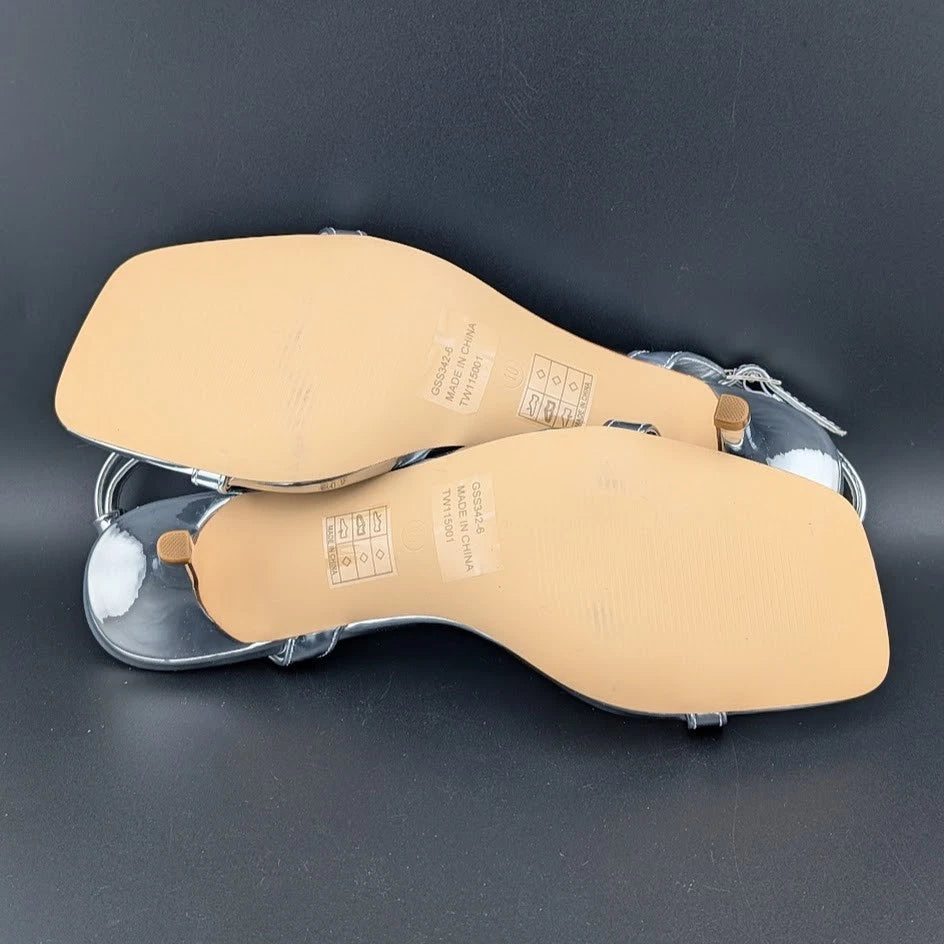 Women Size 10 Silver Comfort Thong Sandals w/Ankle Wrap Strap Square Toe 3" Heel SoleComfort.shoes