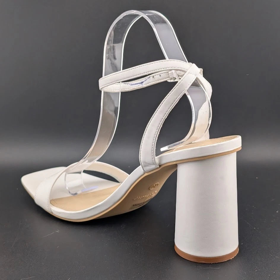 Women Size 10 White Comfort Sandals w/Ankle Wrap Strap Square Toe 4" Round Heel Athlefit