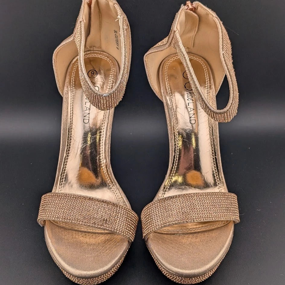 ShoeLand Womens Sz 9 Bronze Rhinestone Platform Sandal Chunky Block 5" Heel Sexy SoleComfort.shoes
