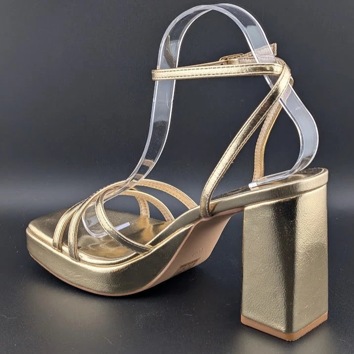 Trary Women's Size 8 Gold Strappy Platform 4" Chunky Heel Open Toe Sandals SoleComfort.shoes
