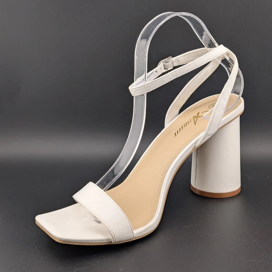 Women Size 10 White Comfort Sandals w/Ankle Wrap Strap Square Toe 4" Round Heel Athlefit