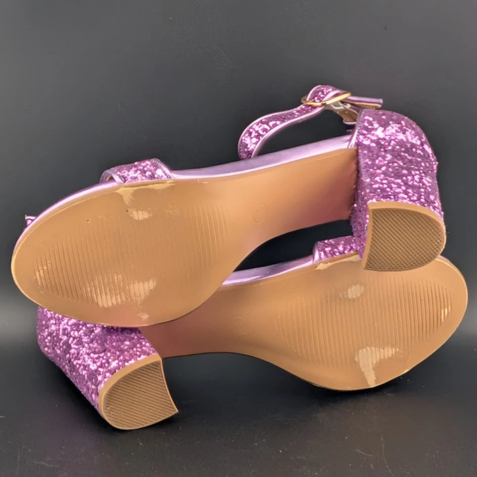 Women Sz 5.5 Wedding Party Heel Glitter Pagent Sandals Low Heel Open Toe Dress SoleComfort.shoes