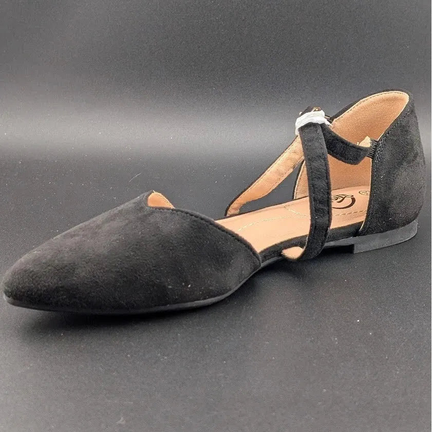 Womens Size 6.5 D'Orsay Dress Flat Ankle Strap and Low Pancake Heel Black Nubuck Trary