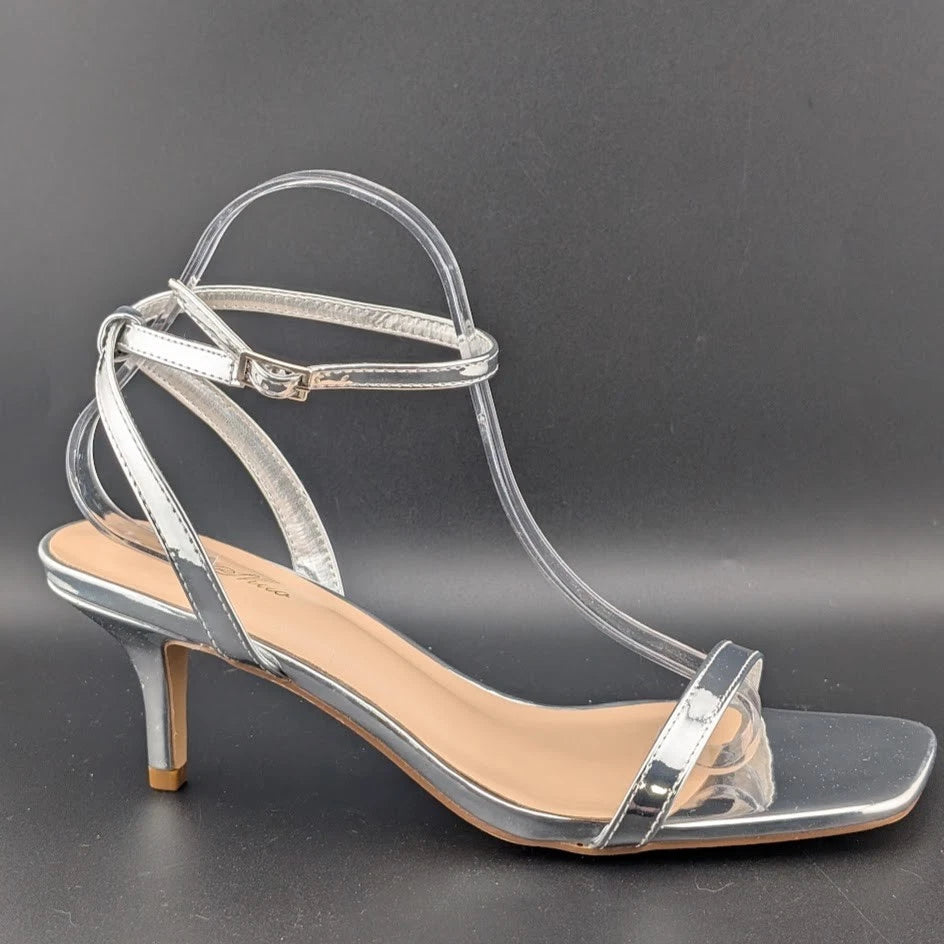 Women Size 10 Silver Comfort Thong Sandals w/Ankle Wrap Strap Square Toe 3" Heel SoleComfort.shoes
