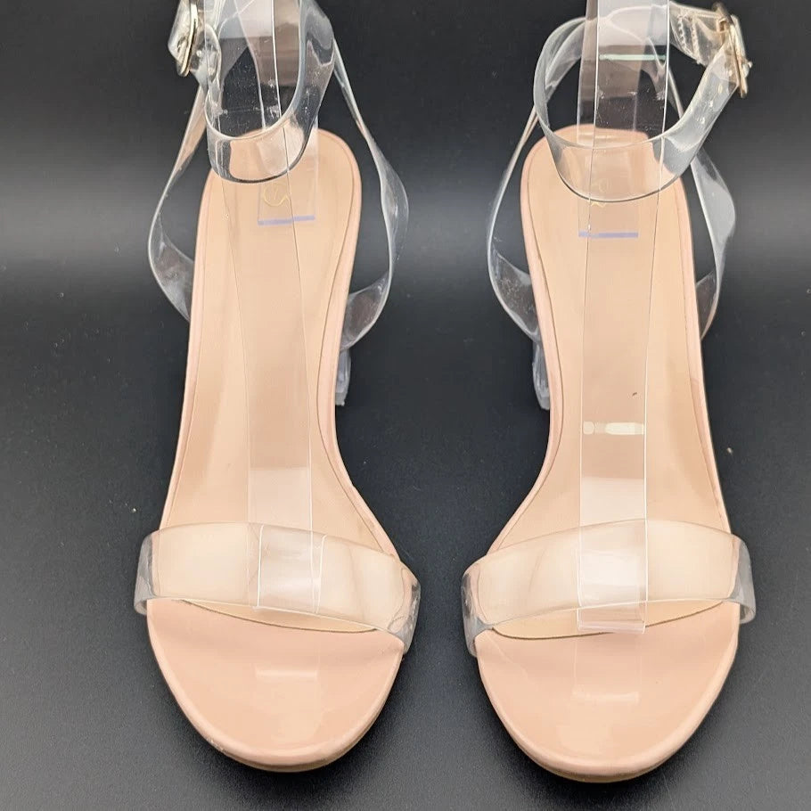 Women's Size 7 Clear Heeled Sandals Ankle Strap Block Chunky Heel Open Toe SoleComfort.shoes